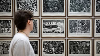 Un visiteur devant des planches de l'album de David B. "Nick Carter et André Breton" à l'exposition "La BD à tous les étages" du Centre Pompidou le 28 mai 2024.