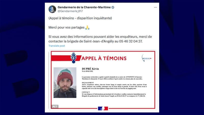 La gendarmerie de la Charente-Maritime lance un appel à témoins pour retrouver un homme de 34 ans