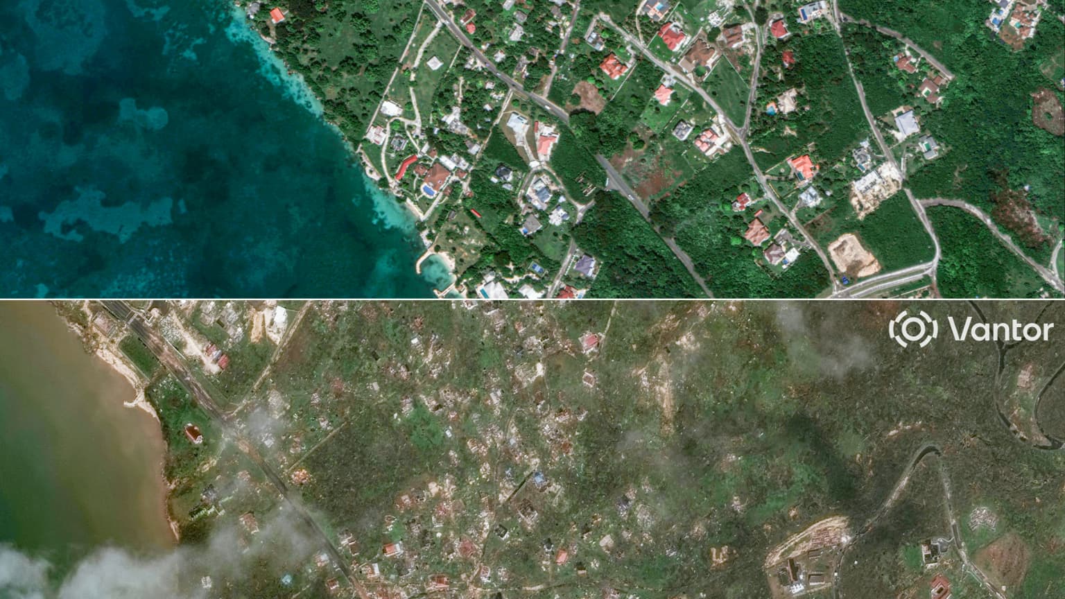 This combination of images shows (top) the neighborhood of New Hope, Jamaica, on October 7, 2025 before Hurricane Melissa, and (bottom) the same neighborhood after Hurricane Melissa, on October 29, 2025.