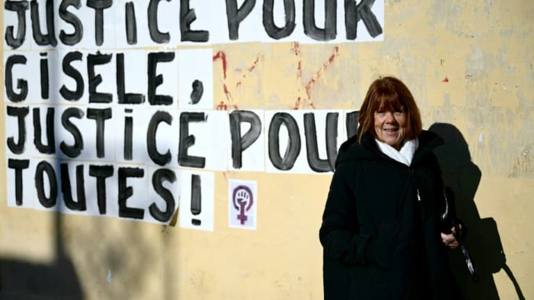 Gisèle Pelicot posant à côté d'un collage féministe mural "Justice pour Gisele, justice pour toutes les femmes", lors du procès pour viols en série de son ancien compagnon Dominique Pelicot, à Avignon (Vaucluse), le 10 décembre 2024