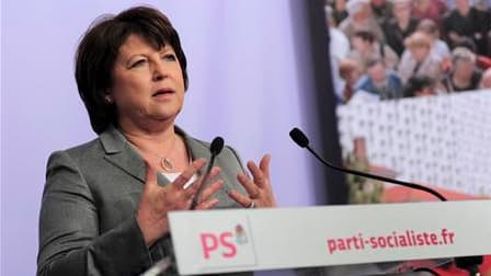 Martine Aubry, la dirigeante du PS. Le Parti socialiste met en avant le réalisme budgétaire de son projet présidentiel s'il revient au pouvoir en 2012, tablant sur 25 milliards d'euros pour financer ses propositions sur le prochain quinquennat. /Photo pri