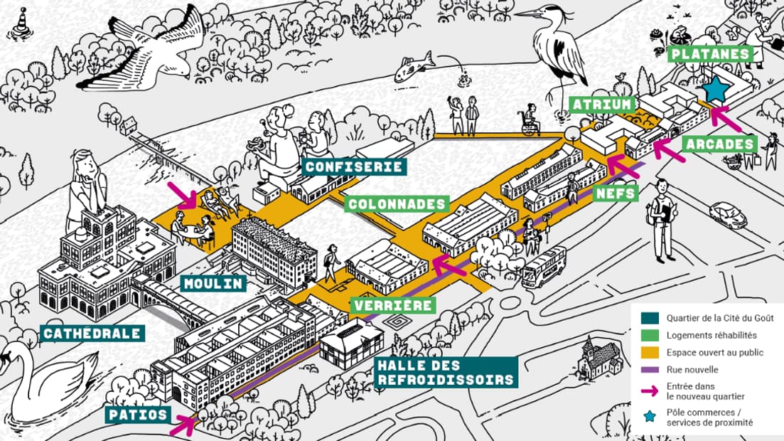Vue schématique du futur quartier de la chocolaterie sur les bords de Marne à Noisiel (Seine-et-Marne)