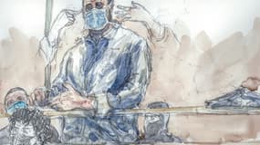 Un croquis d'audience d'Ali Riza Polat, au procès des attentats de janvier 2015, à la cour d'assises spéciale de Paris, le 26 octobre 2020