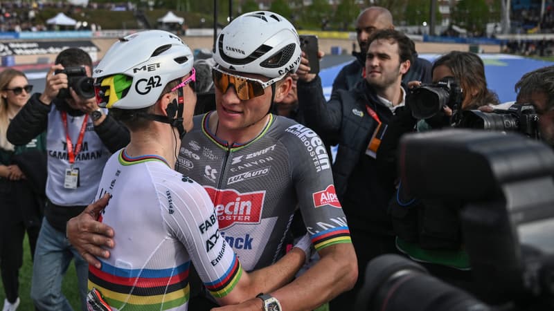 Tadej Pogacar et Mathieu van der Poel a l arrivee de Paris Roubaix le 13 04 2025 2268080
