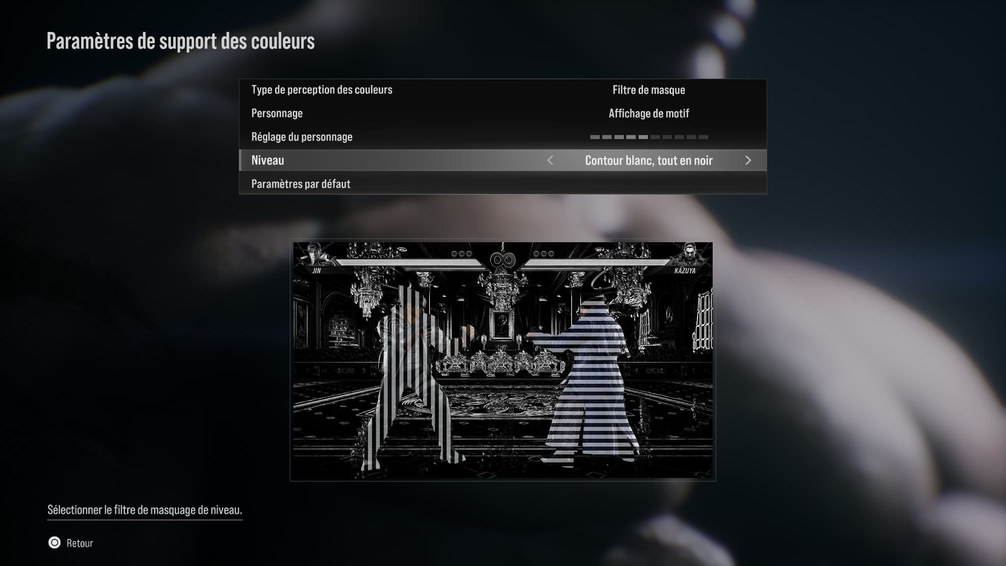 Le filtre de masque dans les réglages d'accessibilité de Tekken 8