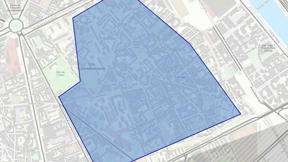 La partie du XIIIe arrondissement concernée par le test de déploiement du dispositif FR-Alert, jeudi, entre 10h et 11h.