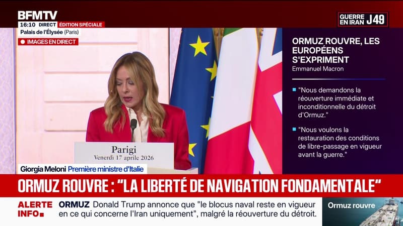 Sécurisation du détroit d'Ormuz: "L'Europe est prête à jouer son rôle avec tous ses partenaires", affirme Giorgia Meloni