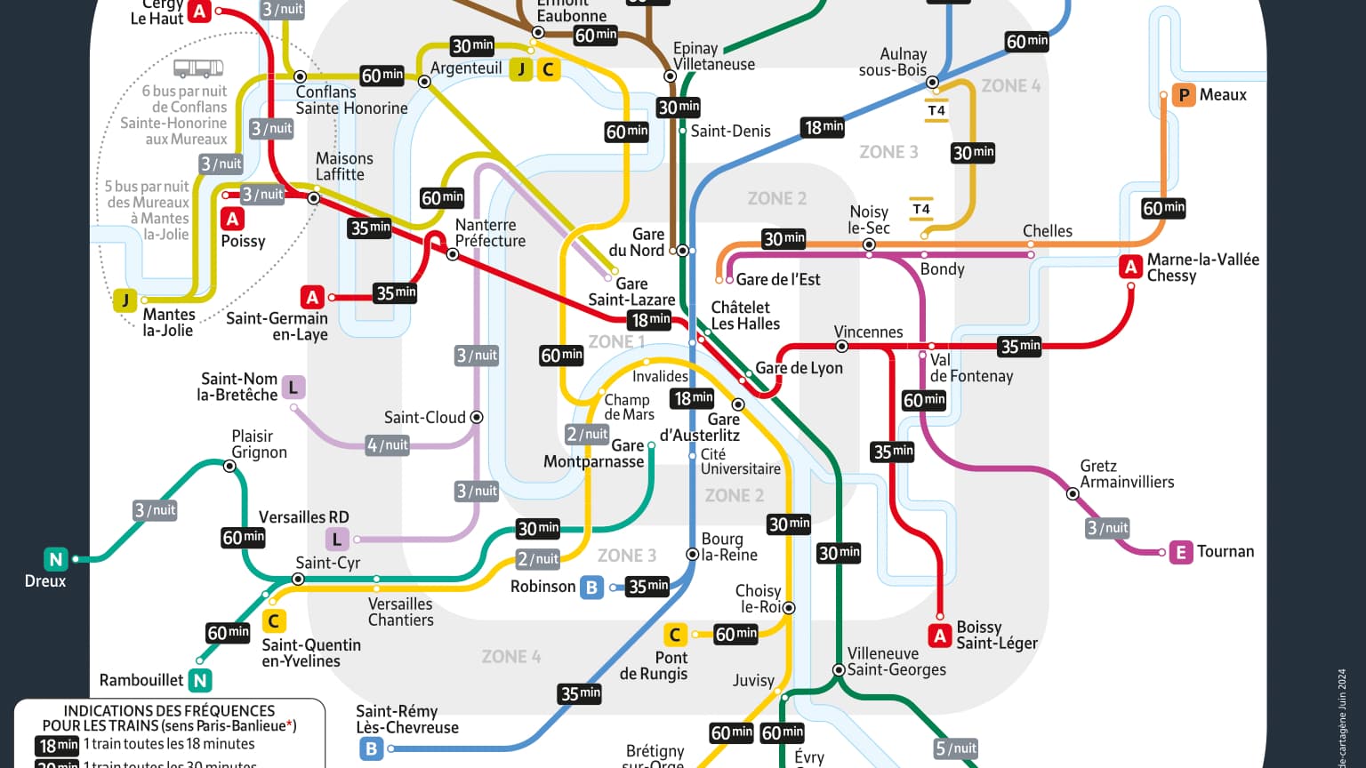 La carte des Transiliens et RER ouverts la nuit pour la Fête de la musique 2024 en Île-de-France.