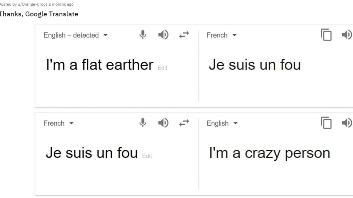 La traduction de "flat earther" sur Google Translate. La traduction de "flat earther" sur Google Translate.