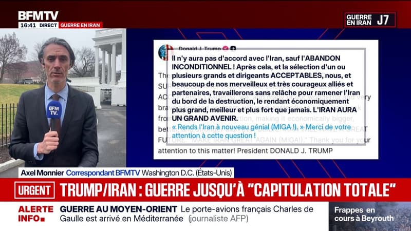 Guerre au Moyen-Orient: "Il n'y aura pas d'accord avec l'Iran, sauf l'abandon inconditionnel" des Iraniens, assure Donald Trump sur son réseau social