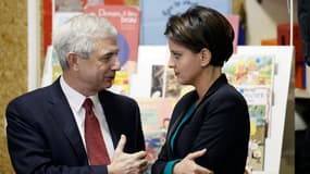 Najat Vallaud-Belkacem et Claude Bartolone, lors d'une visite dans un collège de Bondi (Seine-Saint-Denis), ce mercredi.