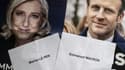 Prospectus montrant les deux candidats à l'élection présidentielle française, Marine Le Pen (G) et Emmanuel Macron (D), le 19 avril 2022, à Tokyo