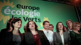 La secrétaire nationale d'Europe Ecologie-Les Verts (EELV), Emmanuelle Cosse, entourée notamment de Pascal Durand, de Cécile Duflot et d'Eva Joly, le 30 novembre 2013.