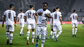 Arnaud Kalimuendo fête son but lors de Panathinaïkos-Rennes (1-2, Ligue Europa), le 26 octobre 2023