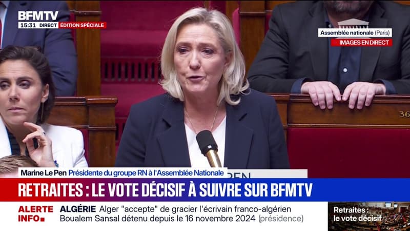Examen de la suspension de la réforme des retraites: "Nous serons peut-être les seuls à être cohérents", affirme Marine Le Pen