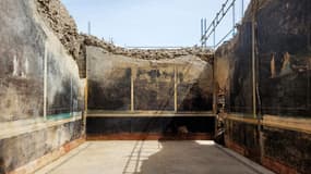 Les fresques inspirées de la guerre de Troie le 11 avril 2024, dans une vaste pièce de Pompéi (Italie).