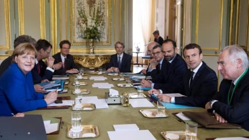 Angela Merkel, Emmanuel Macron et Edouard Philippe à l'Elysée le 13 juillet 2017