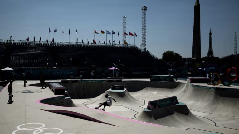 Le parc de skateboard lors des Jeux Olympiques de Paris 2024 place de la Concorde à Paris le 5 août 2024