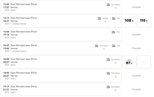 Les trains vers Vannes affichent complet jeudi soir sur le site de la SNCF. Les trains vers Vannes affichent complet jeudi soir sur le site de la SNCF.
