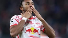 La joie de l'attaquant français de Leipzig, Christopher Nkunku, après avoir ouvert le score à domicile face au Paris Saint-Germain, lors de la 4e journée de la Ligue des Champions, le 3 novembre 2021