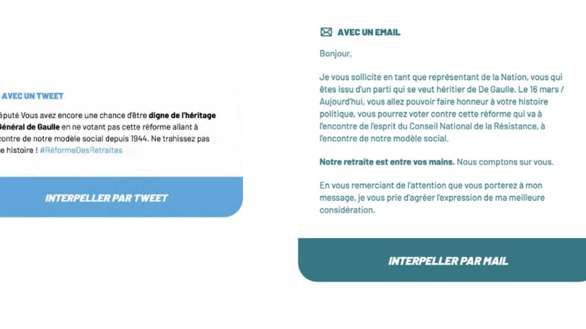 Des modèles ont été pré-écrits par le Parti socialiste pour interpeller les députés sur le vote de la réforme des retraites