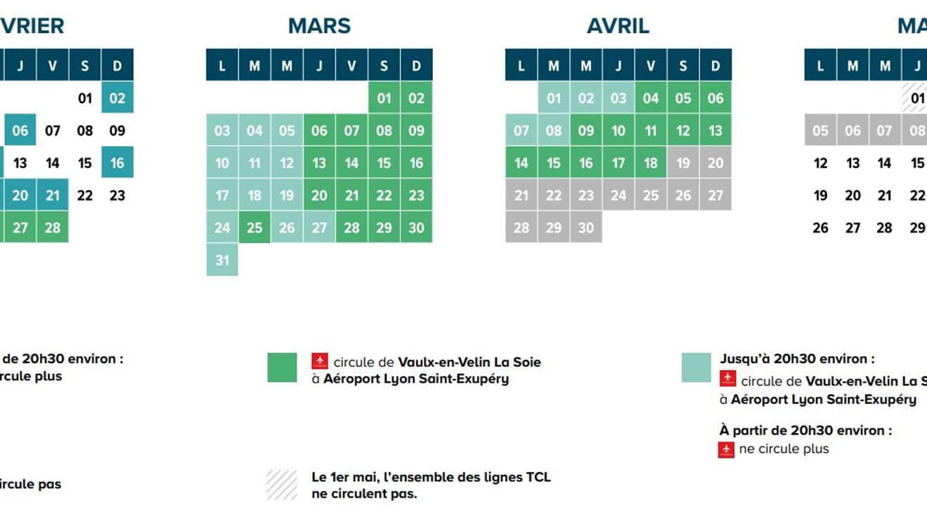 Le calendrier détaillé de la TLC montrant les différentes interruptions de service sur le T3, le T7 et le Rhônexpress