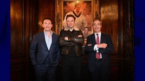 NIck Candy, trésorier du Reform UK, Elon Musk et Nigel Farage, le lundi 16 décembre 2024 à Mar a Lago