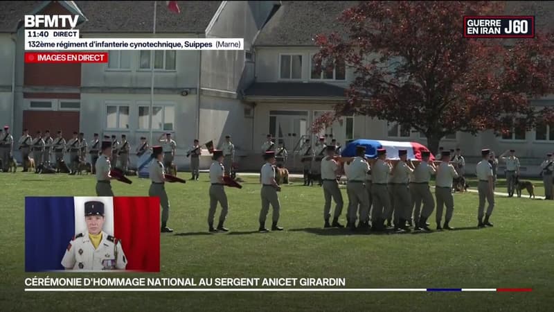 Hommage national à Anicet Girardin: le cercueil du sergent quitte la place d'armes de Suippes (Marne) au son de la Marche funèbre