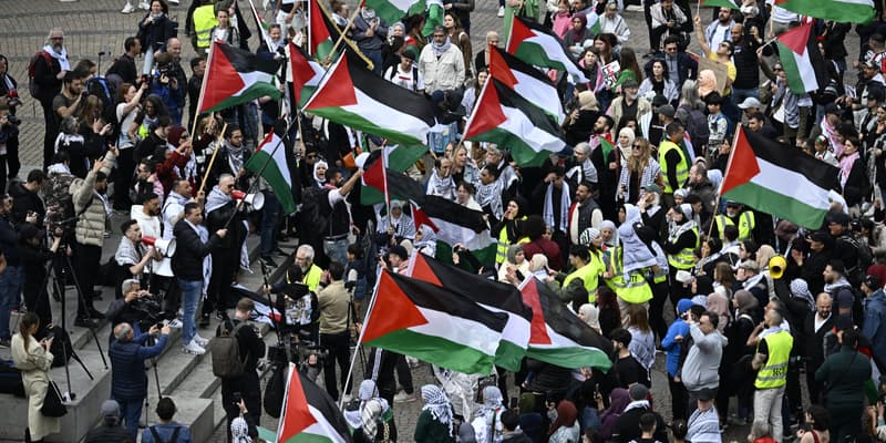 Les manifestants protestant contre la participation d'Israël qui tente jeudi 9 mai 2024 de se placer pour la finale de l'Eurovision