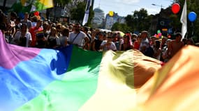 Des participants à la Gay Pride de Belgrade transportent un drapeau arc-en-ciel, le 17 septembre 2017. 