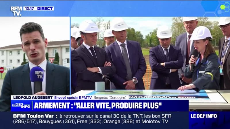 Armement: Emmanuel Macron pose la première pierre d'une usine de poudre pour obus à Bergerac, en Dordogne