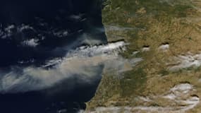 Cette photo satellite prise par NASA Aqua/MODIS le 16 septembre 2024 montre des colonnes de fumée s'élevant alors que des feux de forêt brûlent dans le nord du Portugal.