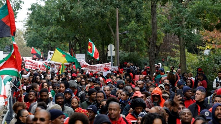Des milliers de personnes issues de la diaspora ultramarine, vêtues de rouge, manifestent le 3 novembre 2024 à Paris contre la vie chère en Outre-mer.