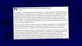 La responsable d'Amnesty International en Ukraine, Oksana Pokaltchouk, a démission de son poste vendredi 5 août 2022