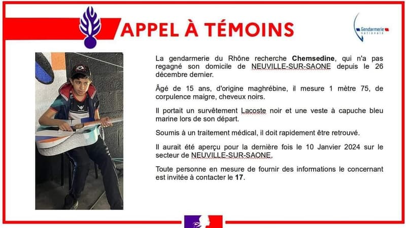 La gendarmerie du Rhône lance un appel à témoins ce samedi 13 janvier pour retrouver Chemsedine.