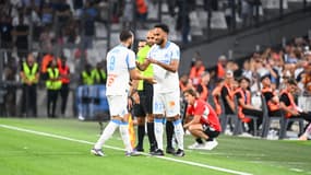 Amine Gouiri et Pierre-Emerick Aubameyang lors du match amical entre Marseille et Séville, le 2 août 2025.
