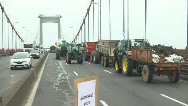 Des tracteurs bloquant le pont d'Aquitaine, situé sur la rocade de Bordeaux, le 24 janvier 2024.