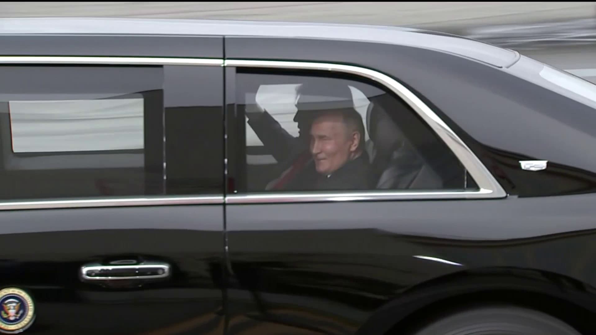 Donald Trump and Vladimir Putin on board "La Beast" The car of the president of the United States, in Alaska, on August 15, 2025. 