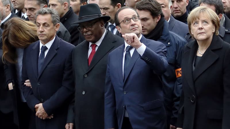 De gauche à droite: Nicolas Sarkozy, Ibrahim Boubacar Keïta (président du Mali), François Hollande et Angela Merkel, lors de la marche républicaine du 11 janvier 2015.