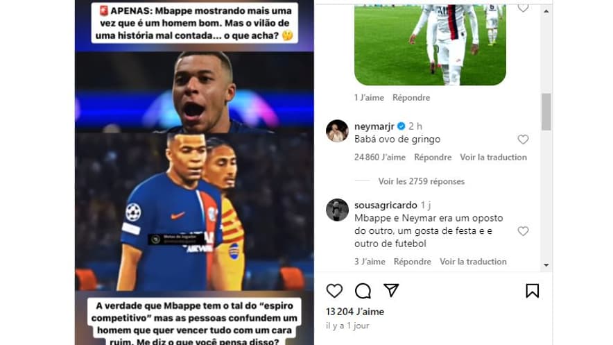 Le commentaire surprenant de Neymar sous une publication pro-Mbappé, le 16 avril 2024 Le commentaire surprenant de Neymar sous une publication pro-Mbappé, le 16 avril 2024