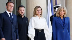 Emmanuel Macron, Volodymyr Zelensky, Olena Zelenska et Brigitte Macron au palais de l'Élysée le 7 juin 2024. (Photo d'archive)