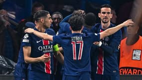 Les joueurs du PSG célèbrent un but contre Aston Villa en Ligue des champions, le 9 avril 2025