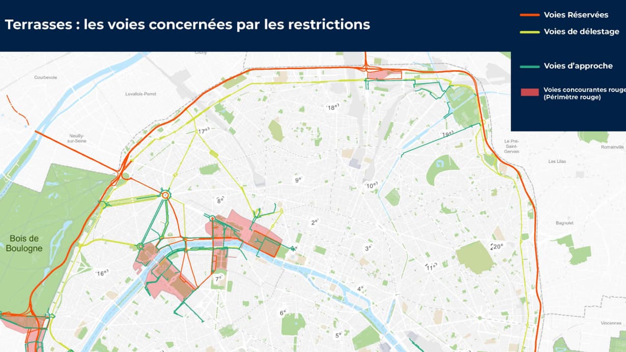 La carte des restrictions pour les terrasses pendant la période des Jeux olympiques et paralympiques de Paris 2024.