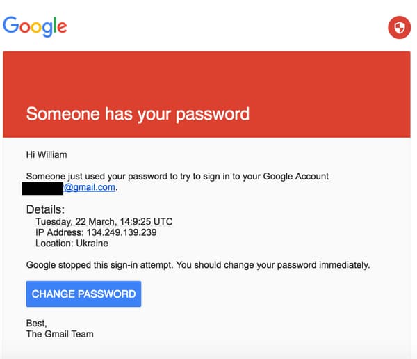Mail de phishing reprenant les codes de Google