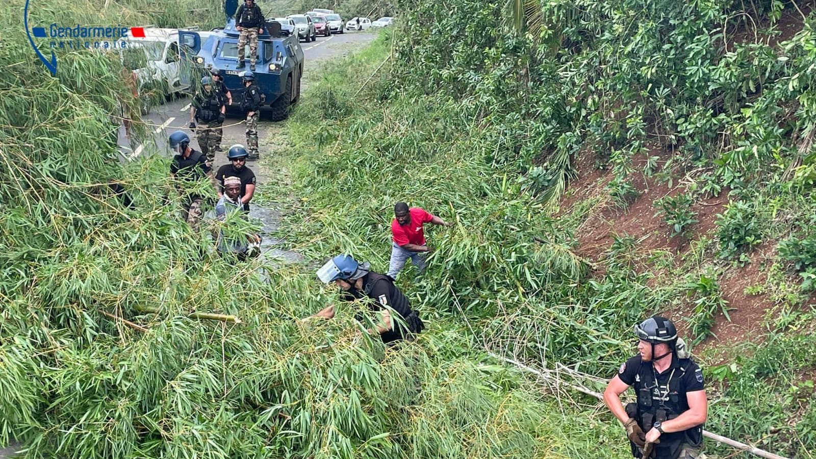 Cette photo prise le 15 décembre 2024 montre des gendarmes français dégager la végétation et les débris lors d'une opération de sauvetage à Mayotte. Cette photo prise le 15 décembre 2024 montre des gendarmes français dégager la végétation et les débris lors d'une opération de sauvetage à Mayotte.