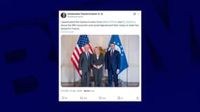 Marine Le Pen et Jordan Bardella aux côtés de l'ambassadeur des États-Unis en France Charles Kushner en décembre 2025.