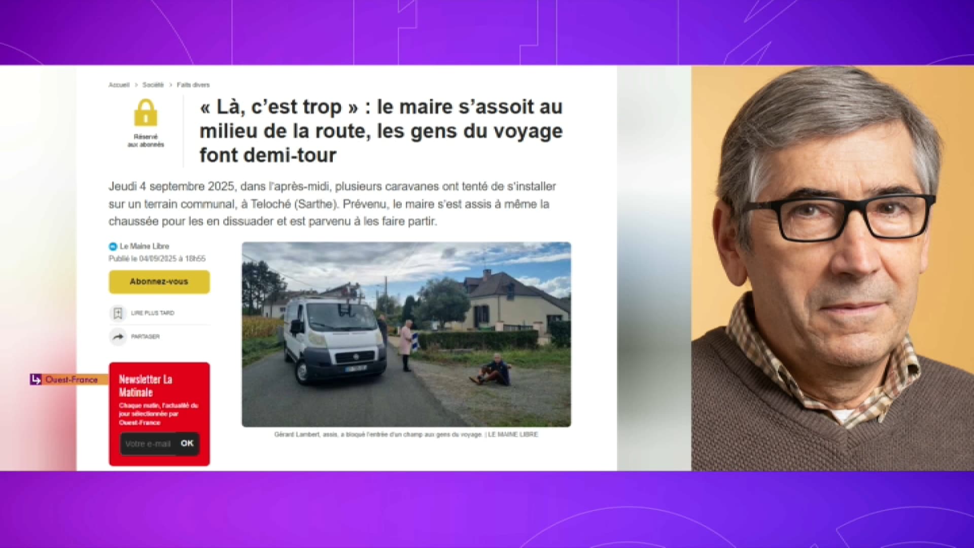 Le maire de Téloché Gérard Lambert s'est assis sur la route pour empêcher le passage de caravanes de gens du voyage Le maire de Téloché Gérard Lambert s'est assis sur la route pour empêcher le passage de caravanes de gens du voyage