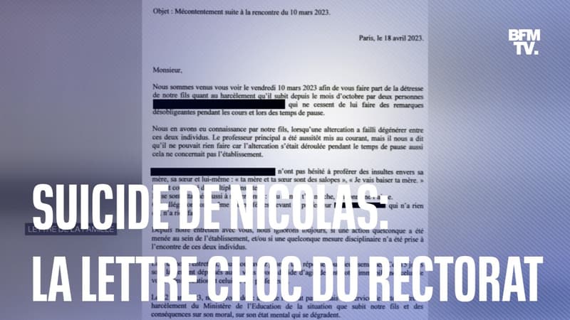 Suicide de Nicolas, victime de harcèlement scolaire: la lettre choc du rectorat aux parents