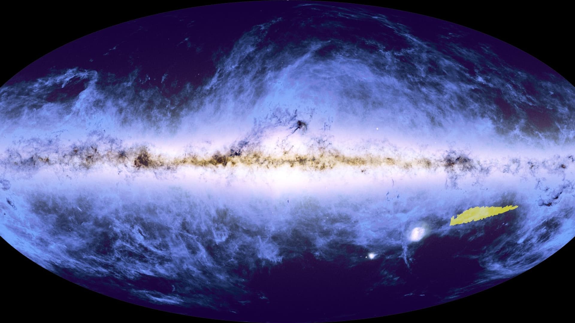 Pour l'heure, les astronomes de la mission n'ont reconstitué que 1% (partie en jaune) de la galaxie. Pour l'heure, les astronomes de la mission n'ont reconstitué que 1% (partie en jaune) de la galaxie.