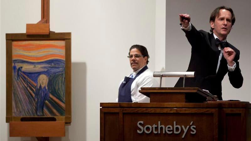 Une version du tableau "Le Cri", la célèbre oeuvre du peintre norvégien Edvard Munch, a été acquise pour la somme record de 120 millions de dollars lors d'une vente aux enchères organisée par la maison Sotheby's à New York. /Photo prise le 2 mai 2012/REUT